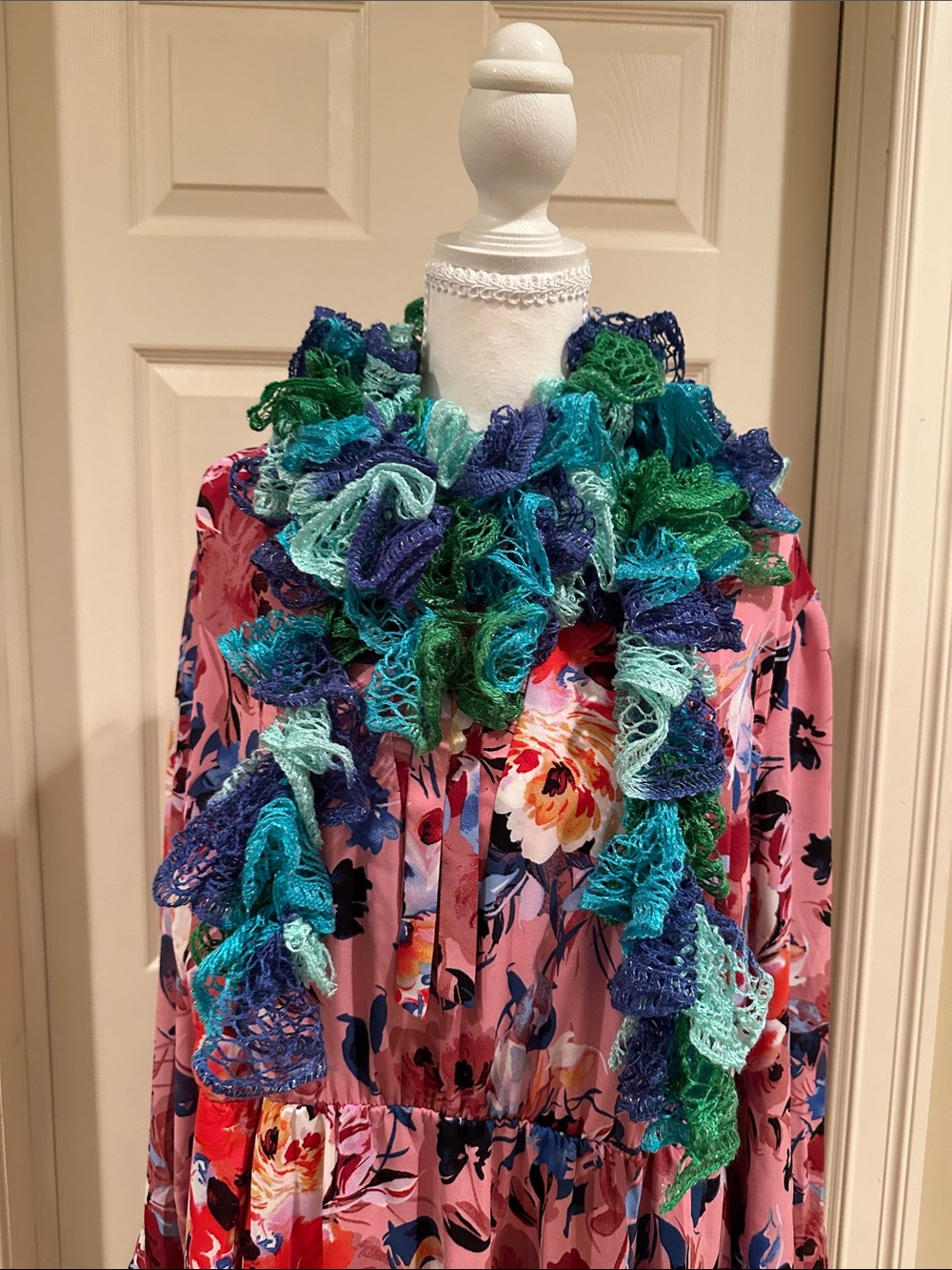 Handmade Ruffle Scarf in Teal, Blue & Green